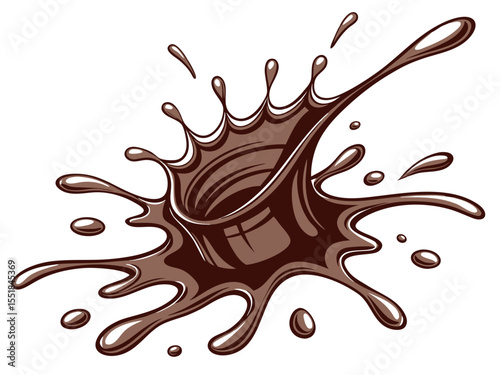 dynamic chocolate splash with ripples and flying droplets isolated on white background.