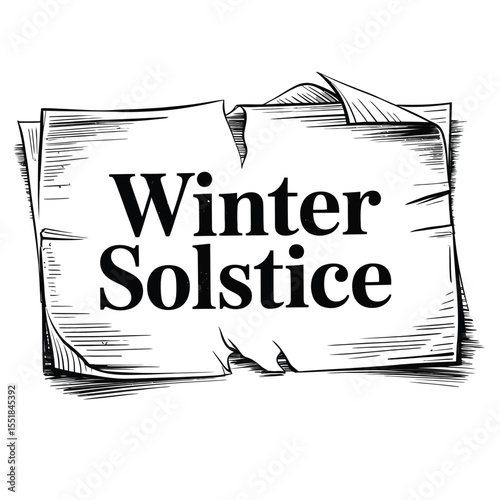 Black and white vector illustration of aged paper with torn edges and weathered "Winter Solstice" text in serif font