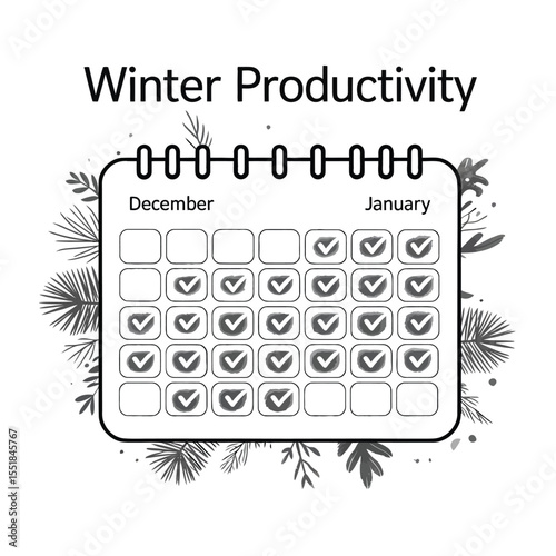 Black and white vector illustration of a winter productivity tracker with a stylized calendar, checkmarks, and seasonal foliage design elements