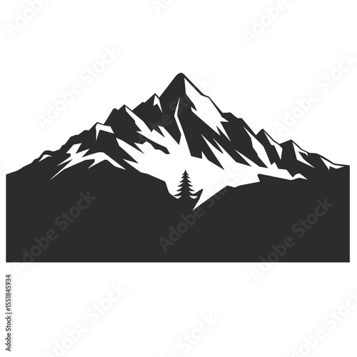 Black and white vector illustration of an abstract mountain range with snowline and a solitary pine tree at the base of central peak