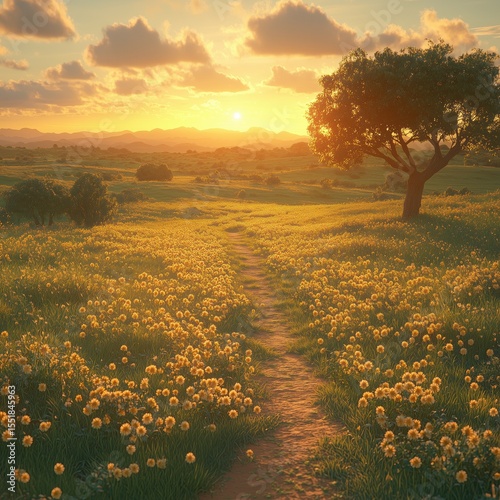 A field of yellow flowers with a path leading through it