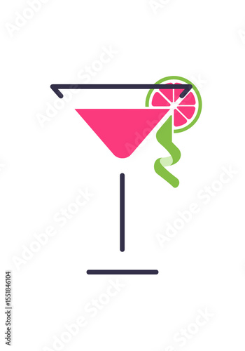 Cocktail glass icon with pink drink and lime garnish in colorful style