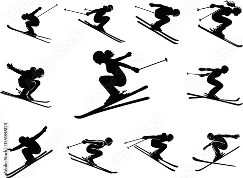 Silhouette of person doing ski jump vector style on white background
