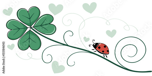 four leaf clover ladybug hearts decorative swirls luck spring nature whimsical illustration design