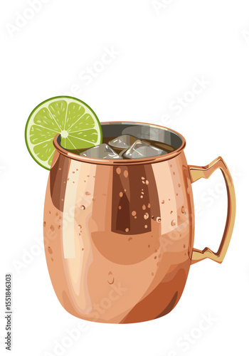 Moscow Mule cocktail in a copper mug with a lime wedge and ice cubes