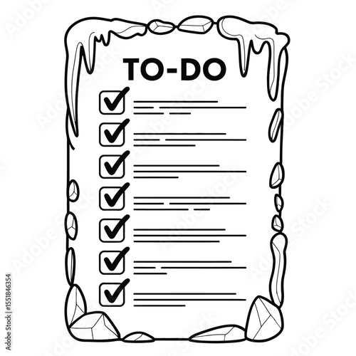 Black and white vector illustration of an icy-themed to-do checklist with handwritten tasks, bold checkmarks, and frost-like ice crystal details