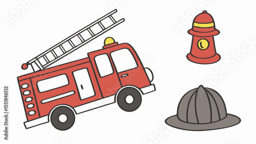  fire truck firefighter equipment cartoon illustrations simple design emergency services icons isolated on white backgrounr.