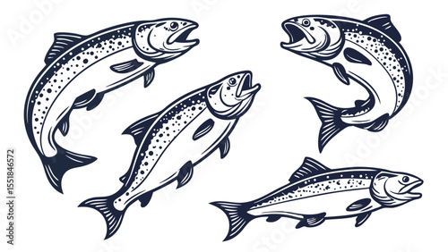 vintage fish illustrations line art collection black white engraved style multiple species isolated on white background.