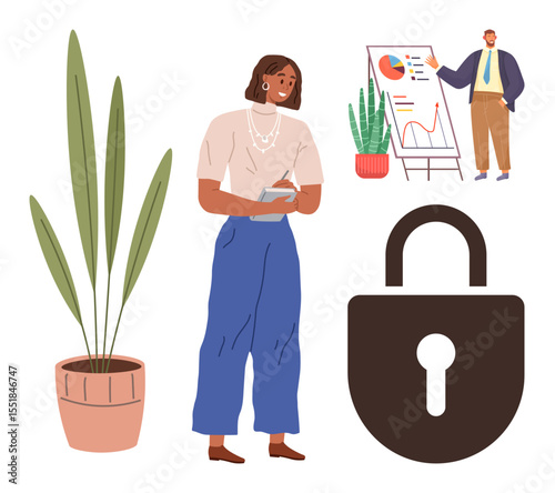 Woman holding notebook, lock symbolizing security, professional presenting charts, and plants. Ideal for security, business, analysis, privacy, productivity workplace and nature as a simple flat