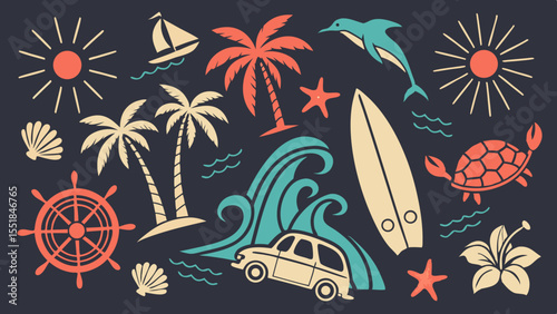 retro beach and summer icon set seamless background with flowers illustration design.