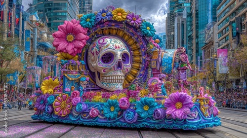A Dia de los Muertos parade features vibrant floats with skull motifs and bright floral arrangements, capturing the festive and cheerful spirit of the Mexican holiday