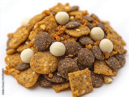 A pile of food with a variety of shapes and sizes, including some with white balls on top