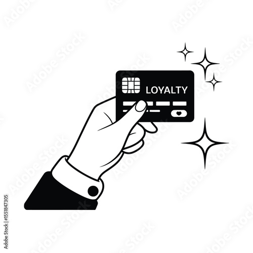 Black and white vector of a hand holding a loyalty card with sparkles, symbolizing reward, membership, and customer appreciation