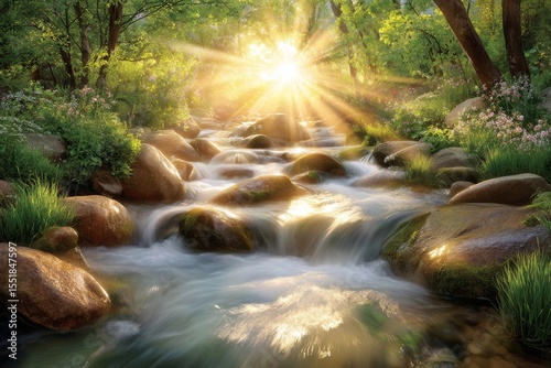 With a forest stream flowing through lush green trees, this image is perfect for capturing the serenity and natural beauty of a forest environment