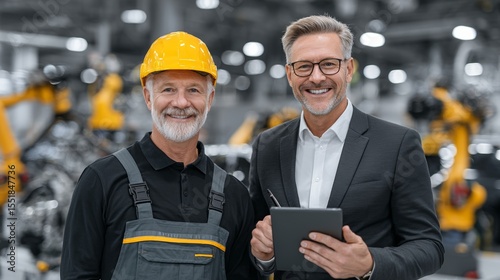 In an industrial setting, a senior engineer demonstrates mentorship and expertise by guiding a younger colleague with a digital tablet