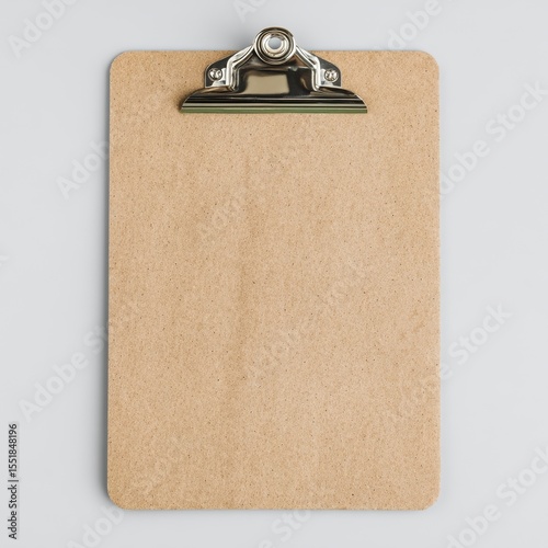 Image of a clipboard featuring a robust backing and a metal clip, set against a transparent backdrop