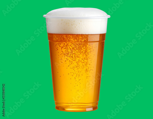 Plastic Cup Filled with Golden Beer and Thick Foam Head, isolated on transparent background