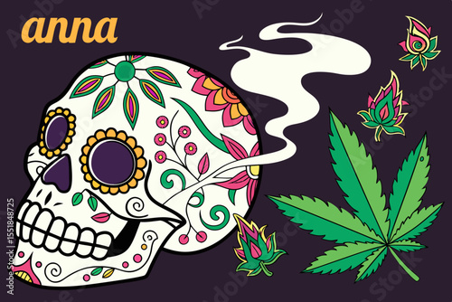 A vibrant graphic design featuring a sugar skull, traditionally associated with the Day of the Dead, adorned with intricate orange and yellow floral patterns.