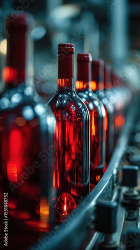 Bottling process of red wine in a modern winery during the late evening hours