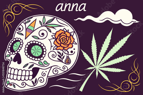 A vibrant graphic design featuring a sugar skull, traditionally associated with the Day of the Dead, adorned with intricate orange and yellow floral patterns.