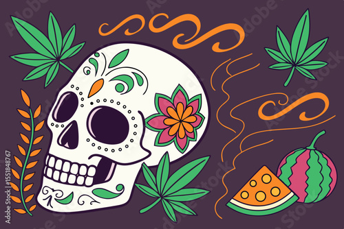 A vibrant graphic design featuring a sugar skull, traditionally associated with the Day of the Dead, adorned with intricate orange and yellow floral patterns.