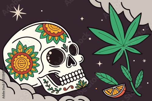 A vibrant graphic design featuring a sugar skull, traditionally associated with the Day of the Dead, adorned with intricate orange and yellow floral patterns.