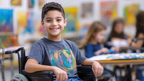Smiling boy wheelchair wearing colorful shirt sitting art classroom with blurred children painting background showcasing creativity and child