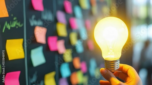 Bright glowing light bulb held by hand with colorful sticky notes on blackboard background inspiring creativity innovation and bright idea for success