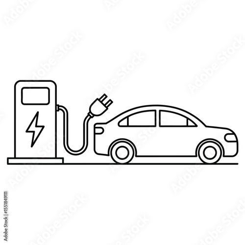 Electric car charging at station outline vector illustration on white background