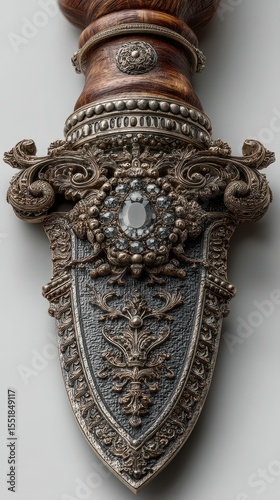 Exquisite craftsmanship of a ceremonial sword hilt featuring intricate designs and gemstones