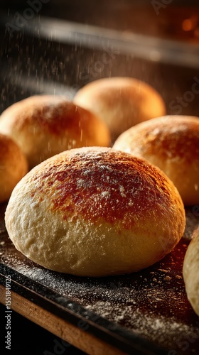 Freshly baked bread rolls with a golden crust resting on a tray in a warm bakery