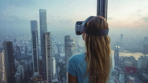 Virtual reality headset woman enjoying cityscape view from high rise building window during sunset with modern skyscraper technology immersive