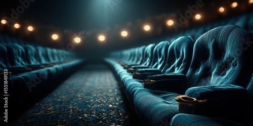 Empty velvet seats in a dimly lit theater create a serene atmosphere for upcoming performance