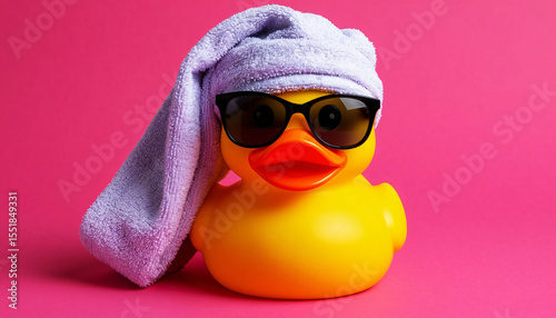 Yellow rubber duck wearing dark sunglasses and with a purple towel on his head, placed on a bright pink background with studio lighting