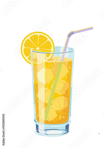 Tom Collins cocktail in tall glass with lemon slice, ice cubes, and straw