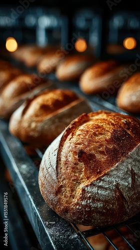 Freshly baked artisanal bread cooling on racks in a warm bakery during the evening hours