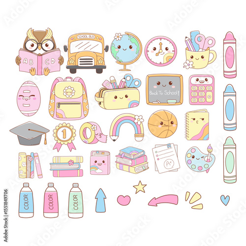 Cute Back to School, Teacher Elements Doodle Cartoon Style Hand Drawn Vector