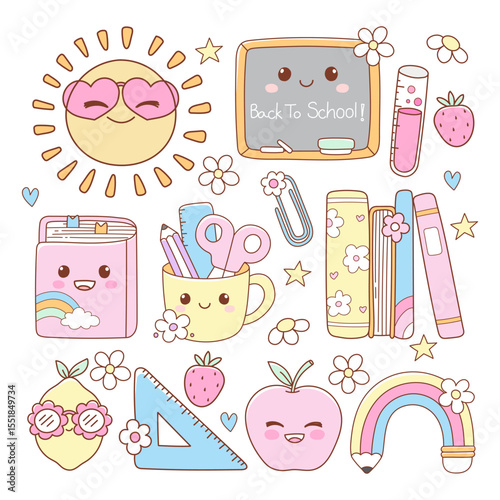 Cute Back to School, Teacher Elements Doodle Cartoon Style Hand Drawn Vector