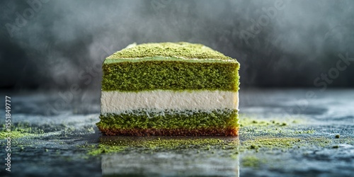 Beautiful green cake with layers of cream and matcha powder set on a reflective surface in a softly lit kitchen space
