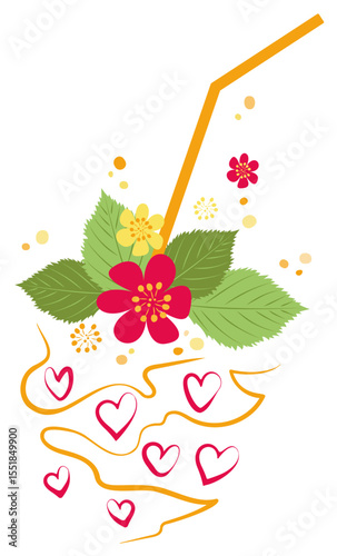 Stylized fruit cocktail with straw decorated with flowers and leaves. Vector isolated orange soft drink. Summer pineapple juice with strawberries. Cafe, restaurant, leisure design