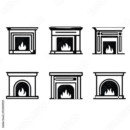 Minimalist black and white vector fireplace outline pack featuring five modern mantel and hearth designs