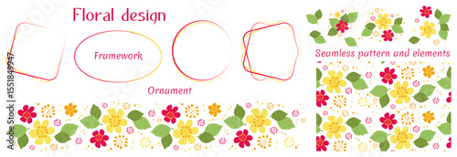Vector set for stylish floral design. Isolated elements, flowers, leaves, empty frames, ornament, seamless pattern. Ready-made constructor for creativity and photo album design. Simple shapes, colors