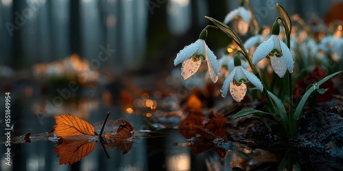 Delicate snowdrops bloom beside a tranquil pond with autumn leaves in a serene forest landscape during dawn