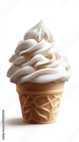 Whipped soft serve ice cream in a cone sitting on a white background in a simple, minimalistic style