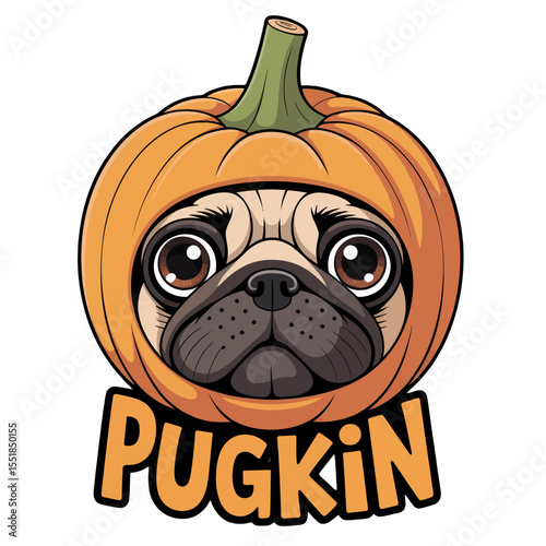 A pug's face is humorously framed by a carved-out pumpkin, giving it the appearance of wearing a pumpkin costume. The word PUGKIN