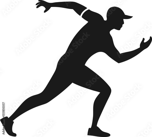 Minimalist black silhouette of a cricketer in motion ready to play on white
