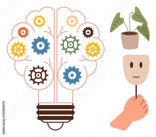 Lightbulb with gears forming a brain alongside hand holding a mask and potted plant. Ideal for creativity, innovation, mindfulness, mental health, growth, connections, renewal. Simple flat metaphor