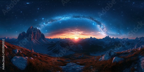 Breathtaking sunset over mountain range with stunning starry sky in the background at twilight