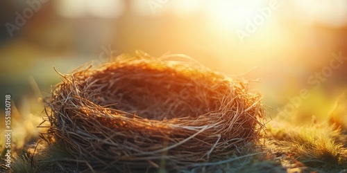 Nest made of twigs sits on the ground illuminated by warm golden sunlight during early evening hours