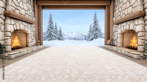 Cozy Stone Fireplace Winter Cabin with Snowy Mountain View